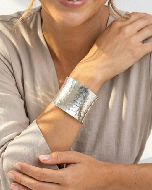Hammered Silver Cuff Bracelet • Wide Textured Metal Bangle • Adjustable