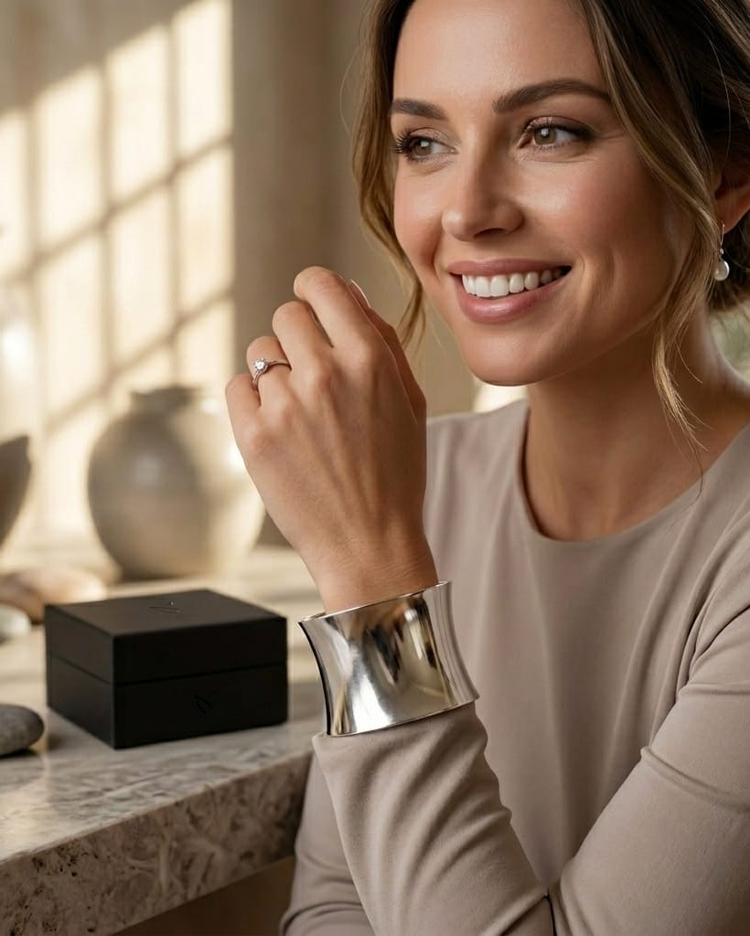 Silver Statement Cuff Bracelet • Bold Sculptural Wide Bangle • Adjustable High-Shine Cuff
