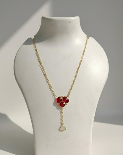 Ruby Red & Crystal Drop Pendant Necklace – Gold Floral Cluster Y-Necklace